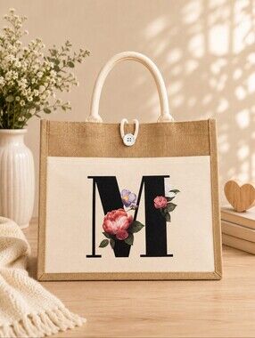Customized Monogram Floral Burlap Tote | Personalized Initial | Made to Order